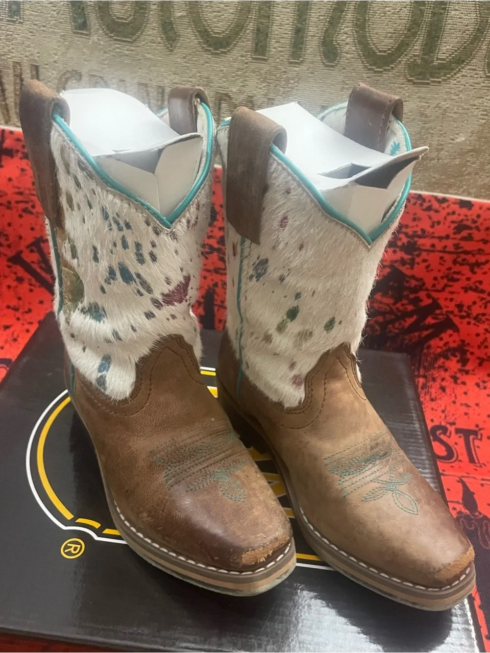 Dan Post Youth Girls Rumi Cowboy Boots Leather White Rainbow Cowhide Sz 11